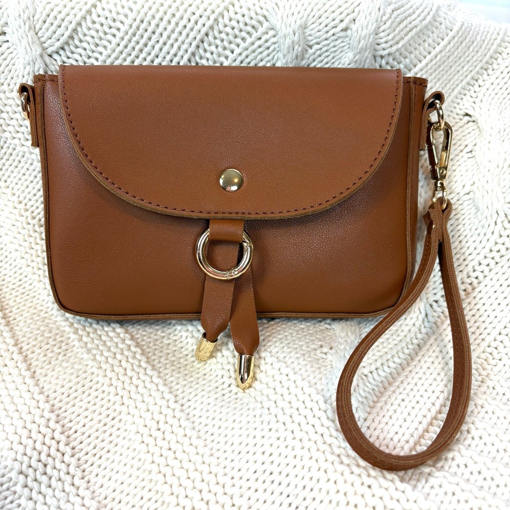 Melie Bianco Vegan Leather Lia Wristlet Bag in Cognac Brown and Gold